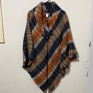 Andrew Marc Navy and Orange Plaid Poncho